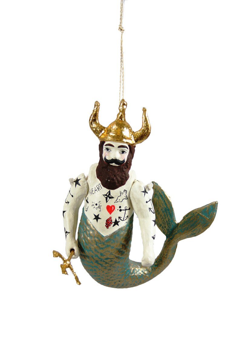 Poseidon Merman Paper Mache Ornament - Bon Ton goods