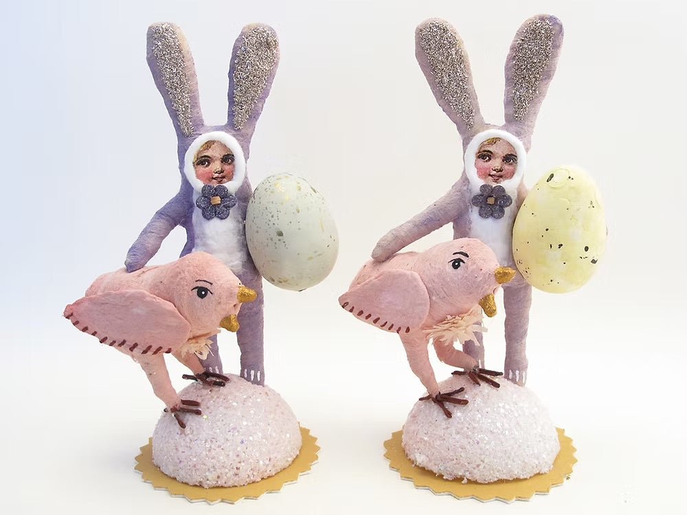 Purple Bunny Child Pink Chick Figure | Vintage by Crystal Spun Cotton Ornament - Bon Ton goods
