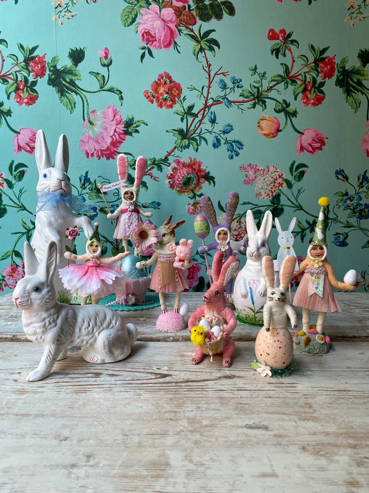 Purple Bunny Child Pink Chick Figure | Vintage by Crystal Spun Cotton Ornament - Bon Ton goods