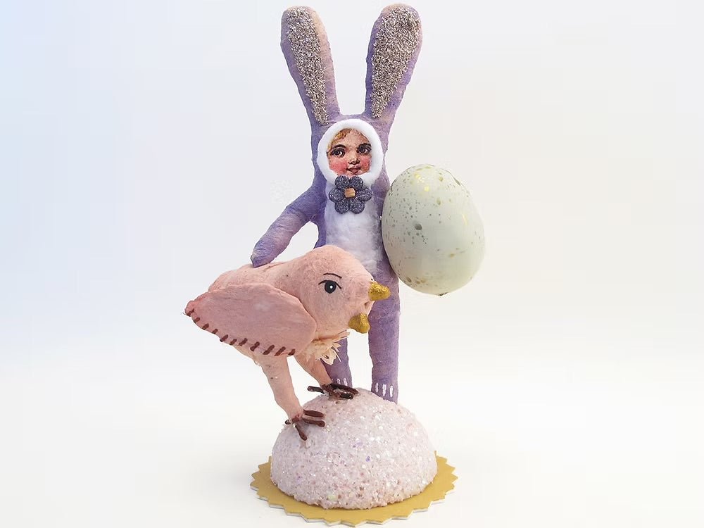 Purple Bunny Child Pink Chick Figure | Vintage by Crystal Spun Cotton Ornament - Bon Ton goods