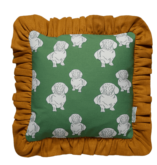 Queen Lauren Frill Cushion (Green/Mustard) - Bon Ton goods