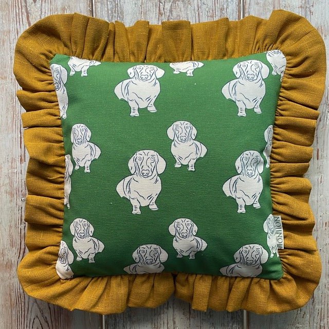 Queen Lauren Frill Cushion (Green/Mustard) - Bon Ton goods