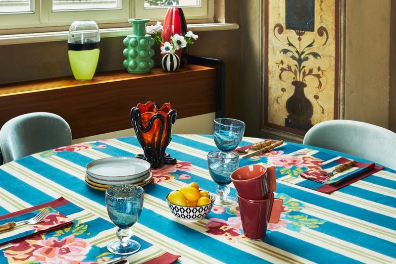Queen Stripes Bouquet Peacock Tablecloth - 220X350 | Lisa Corti - Bon Ton goods