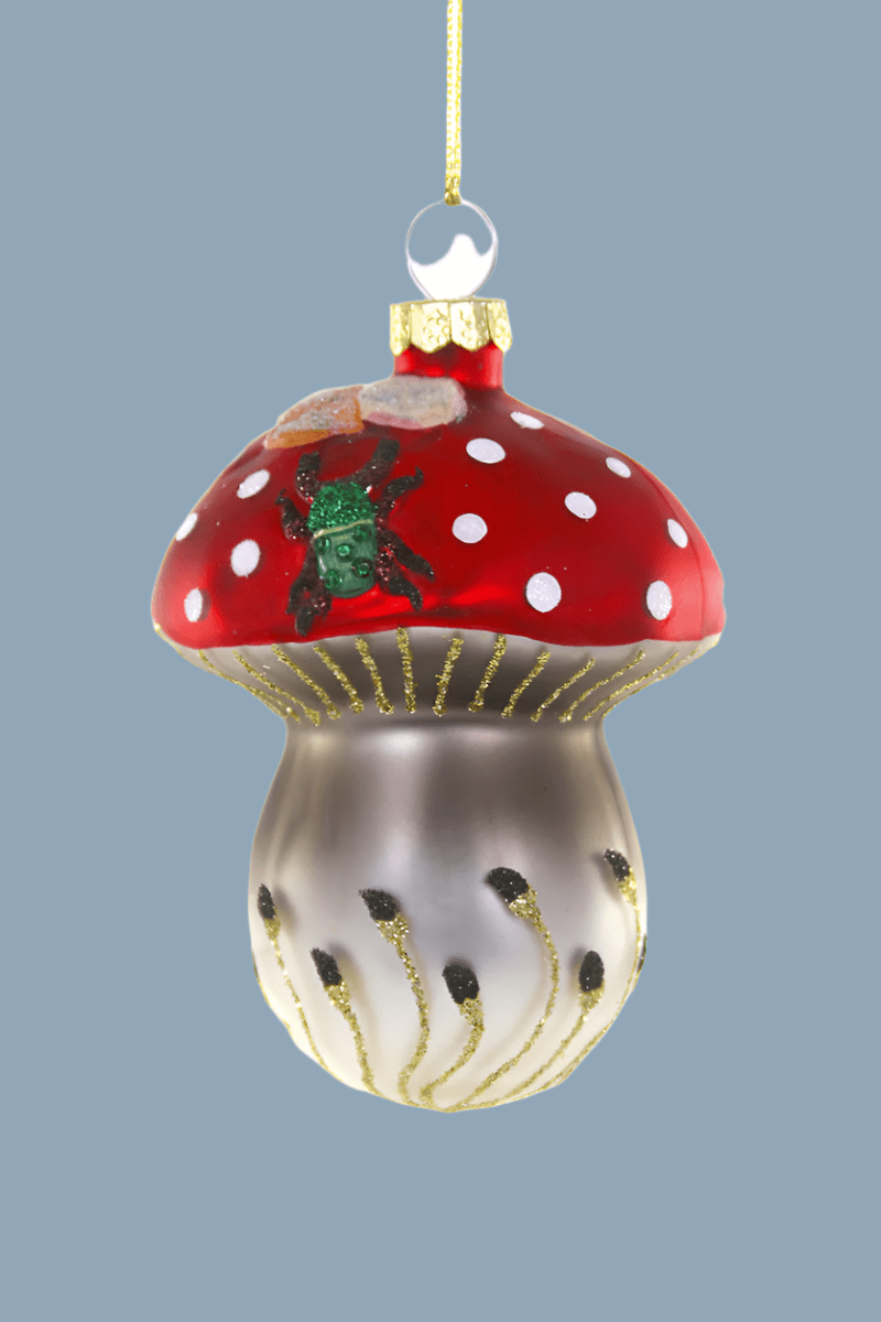 Red Glass Mushroom with Beetle | Christmas Ornament - Bon Ton goods