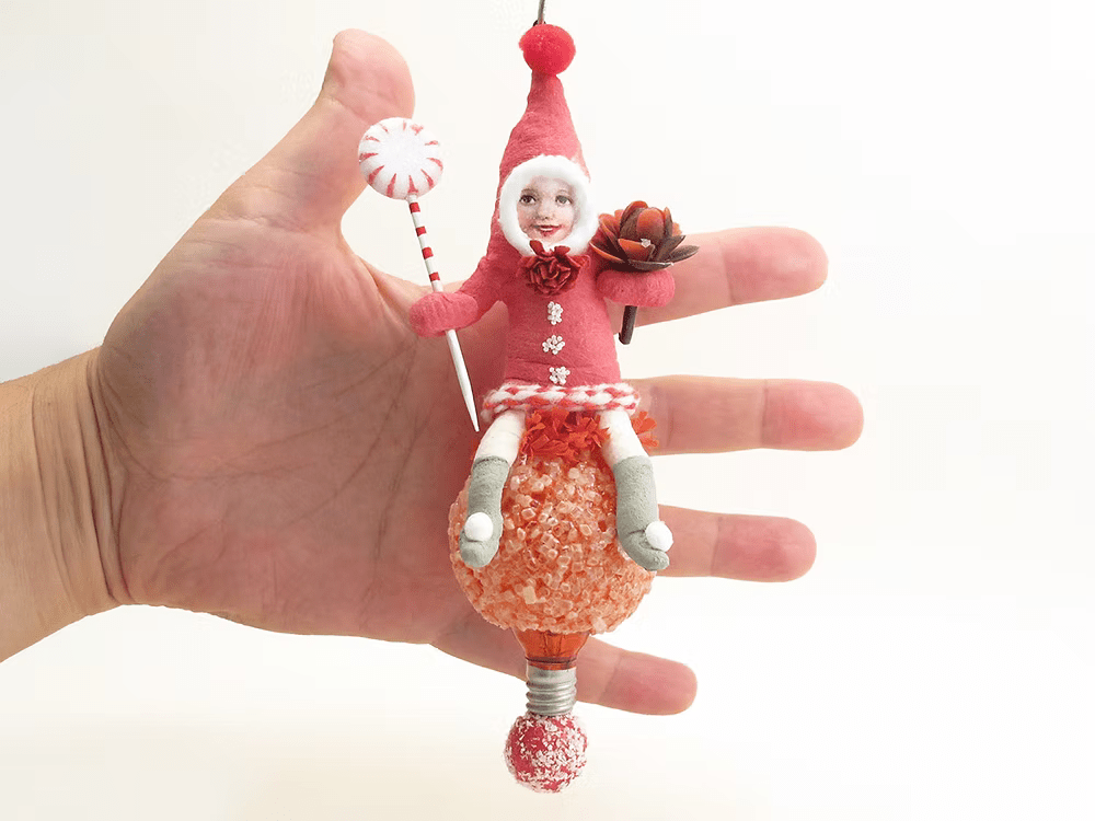 Red Popcorn Ball Elf Ornament | Vintage by Crystal Spun Cotton Ornament - Bon Ton goods