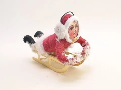Red Sledding Child - Vintage Inspired Spun Cotton | Vintage by Crystal Spun Cotton Ornament - Bon Ton goods