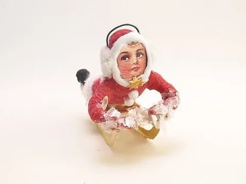 Red Sledding Child - Vintage Inspired Spun Cotton | Vintage by Crystal Spun Cotton Ornament - Bon Ton goods