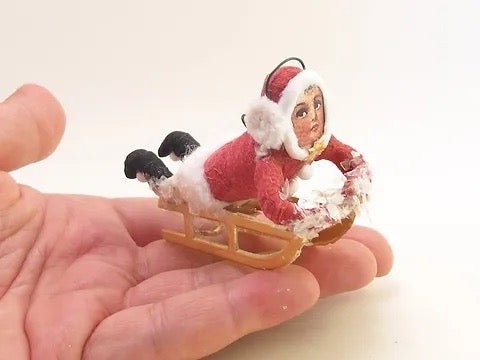 Red Sledding Child - Vintage Inspired Spun Cotton | Vintage by Crystal Spun Cotton Ornament - Bon Ton goods