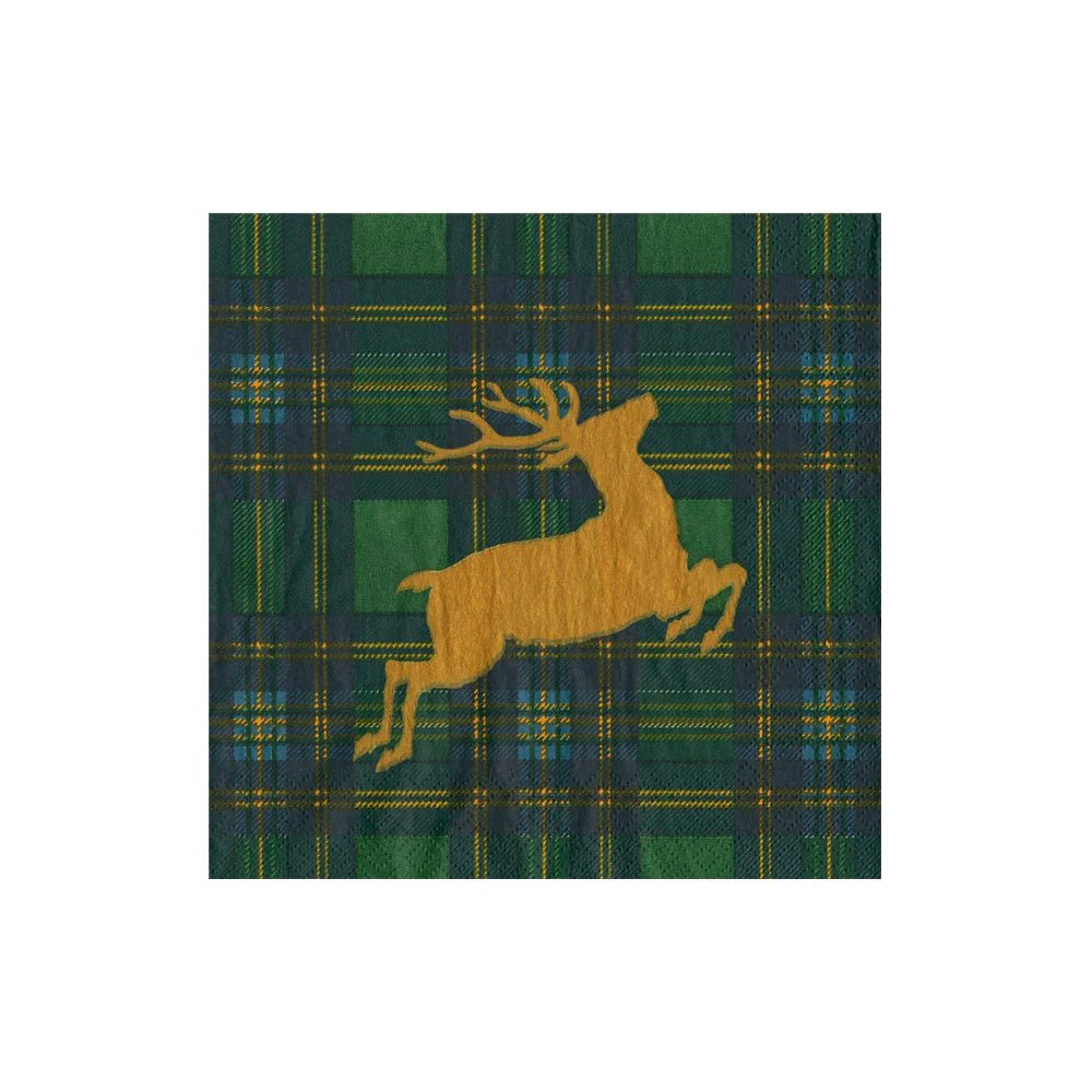 Reindeer Tartan Green Cocktail Napkins | Caspari - Bon Ton goods