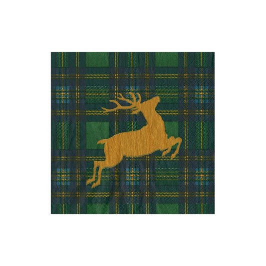 Reindeer Tartan Green Cocktail Napkins | Caspari - Bon Ton goods