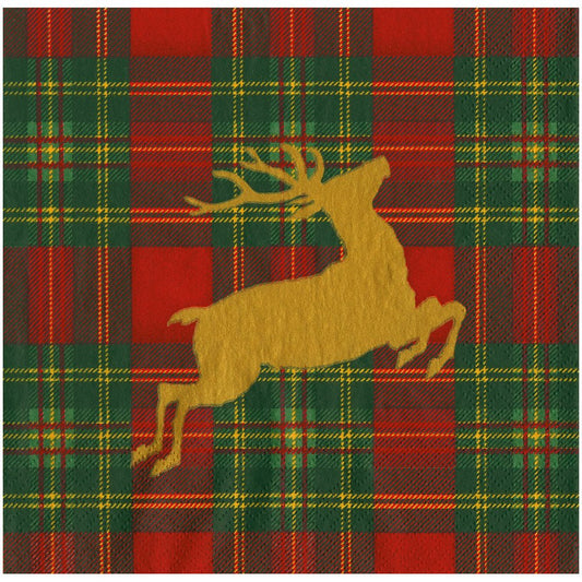 Reindeer Tartan Red Dinner Napkins | Caspari - Bon Ton goods