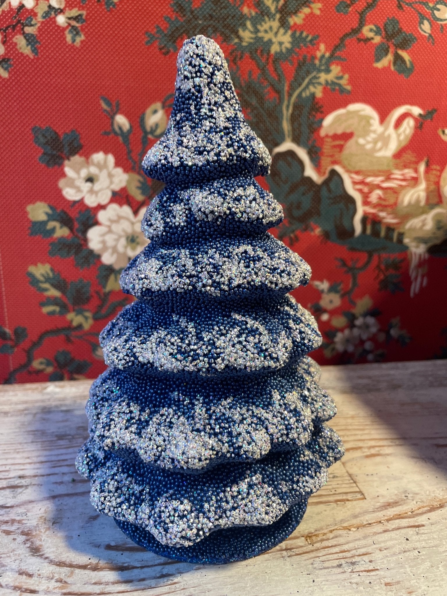 Royal Blue With Frost Christmas Tree - Beaded Papier-Mache| Ino Schaller - Bon Ton goods