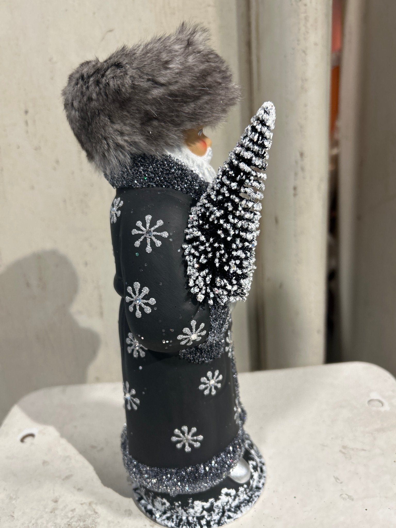 Russian Black Santa with Grey Fur Hat and Snow Decoration | Ino Schaller - Bon Ton goods