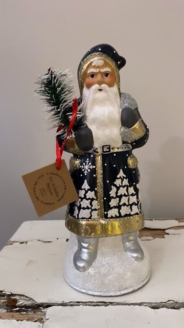 Santa Glossy Blue Coat with Gold Trim and Silver Bag, and Hand Painted Forest Scene | Ino Schaller - Bon Ton goods