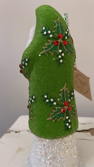 Santa Green Beaded Coat with Hand Painted Holly Motif - Ino Schaller - Bon Ton goods