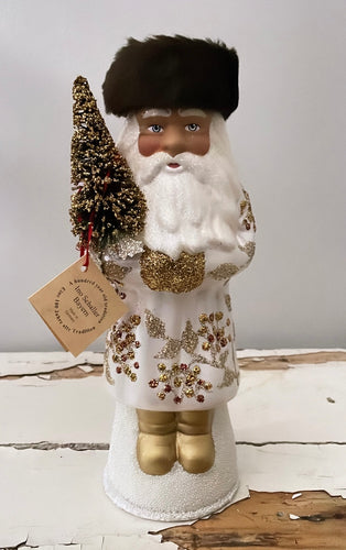 Santa no. 12 - White with Fur Hat and Beaded Holly Motif - Ino Schaller - Bon Ton goods