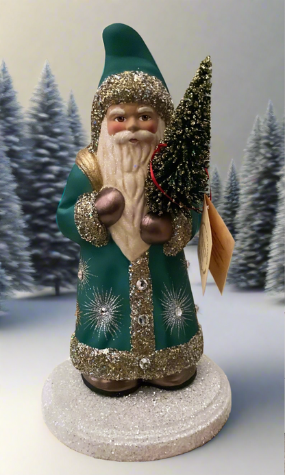 Santa no. 13 - Teal Painted Coat with Brilliant Gold Beaded Trim and Hand Painted Starburst Motif | Ino Schaller