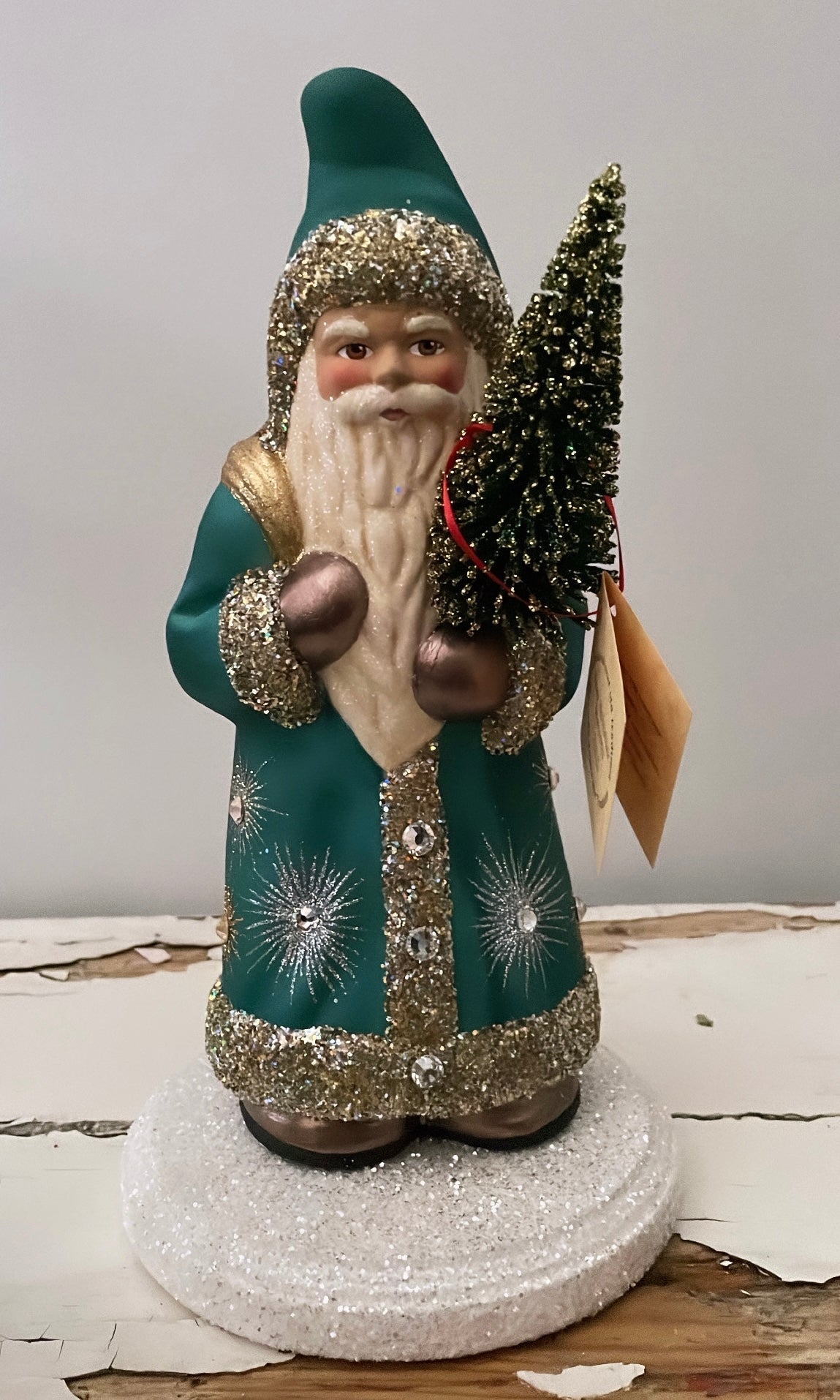 Santa no. 13 - Teal Painted Coat with Brilliant Gold Beaded Trim and Hand Painted Starburst Motif | Ino Schaller - Bon Ton goods