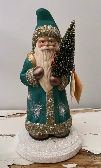 Santa no. 13 - Teal Painted Coat with Brilliant Gold Beaded Trim and Hand Painted Starburst Motif | Ino Schaller - Bon Ton goods