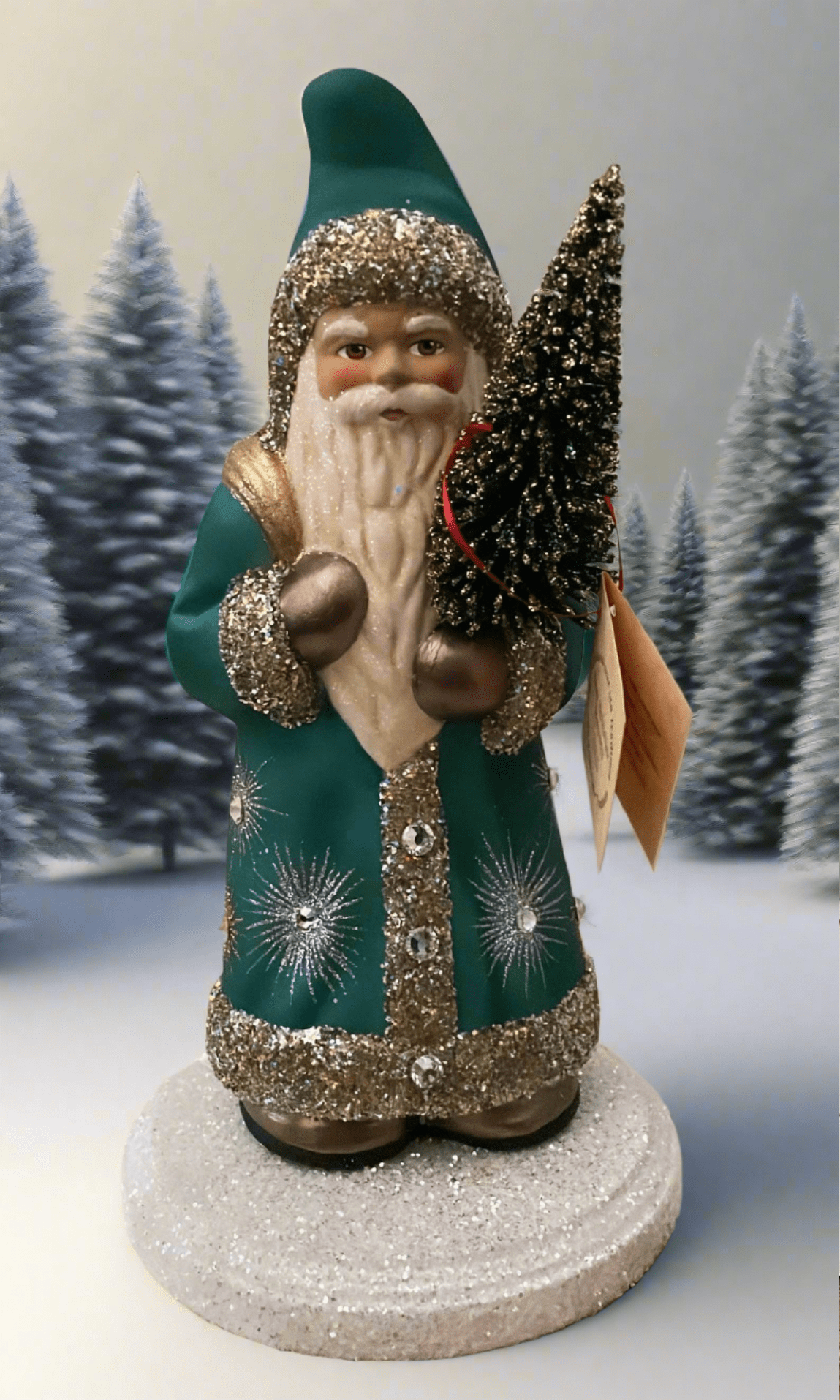 Santa no. 13 - Teal Painted Coat with Brilliant Gold Beaded Trim and Hand Painted Starburst Motif | Ino Schaller - Bon Ton goods