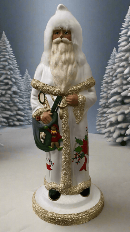 Santa no. 3 - Brilliant White with Gold Beaded Trim, Sack of Toys and Hand Painted Coat | Ino Schaller - Bon Ton goods