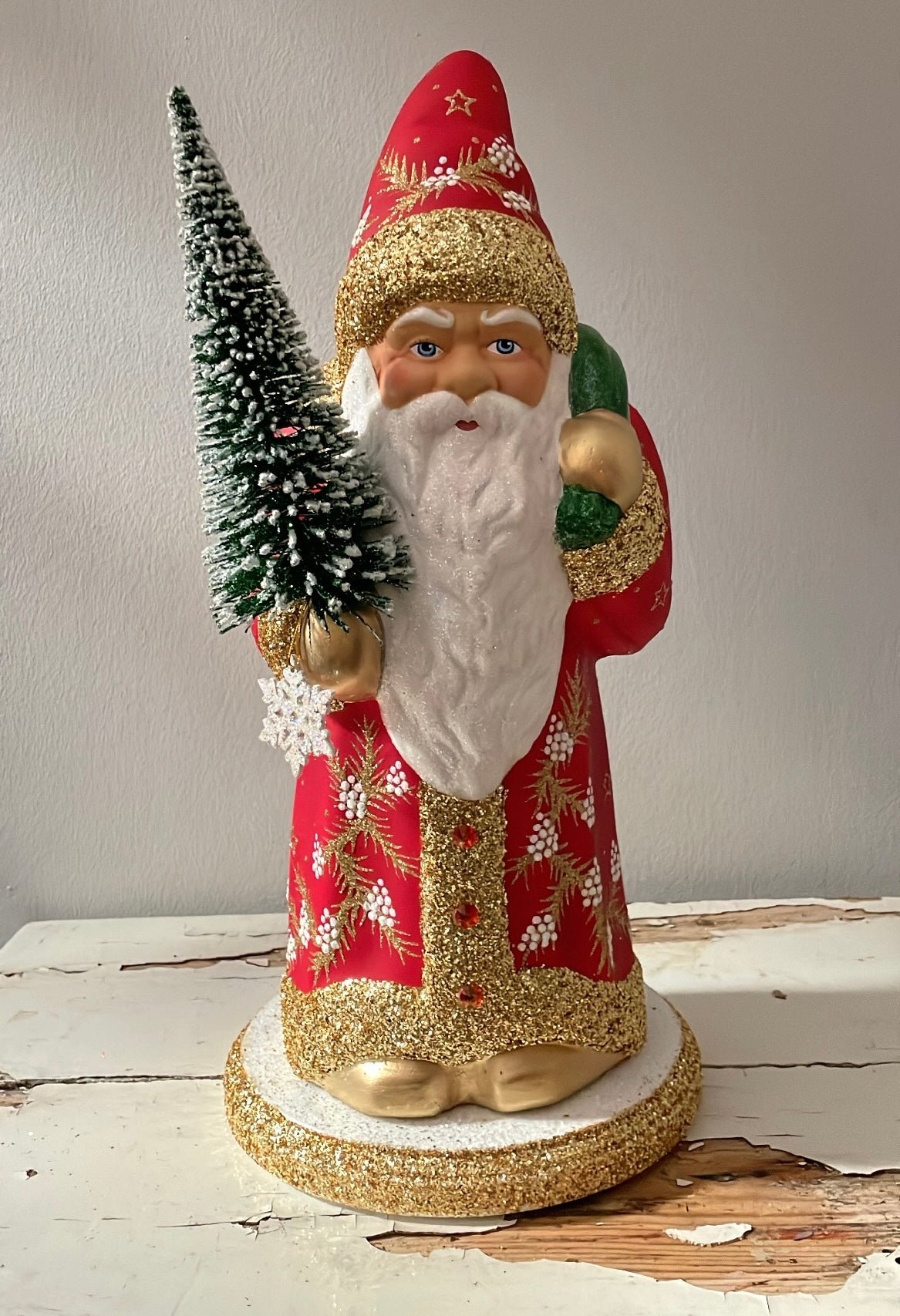 Santa no. 5 - Red with Gold Glitter Trim and Hand Painted Berries - Ino Schaller - Bon Ton goods