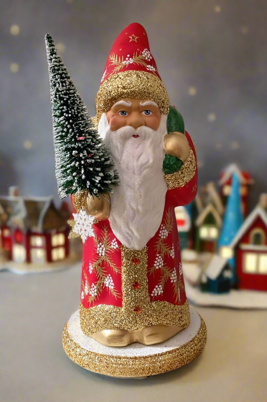 Santa no. 5 - Red with Gold Glitter Trim and Hand Painted Berries - Ino Schaller