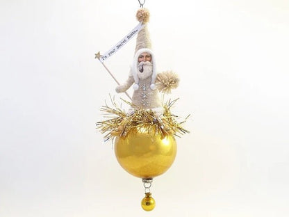 Santa On Glass Ball | Vintage by Crystal Spun Cotton Ornament - Bon Ton goods