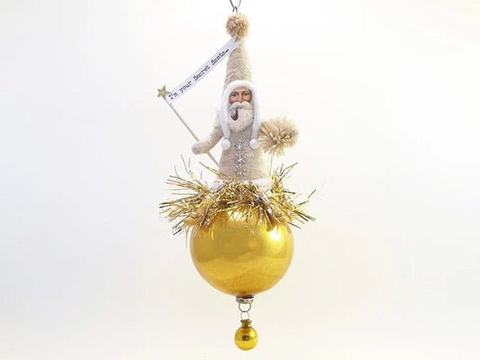 Santa On Glass Ball | Vintage by Crystal Spun Cotton Ornament - Bon Ton goods