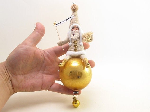 Santa On Glass Ball | Vintage by Crystal Spun Cotton Ornament - Bon Ton goods