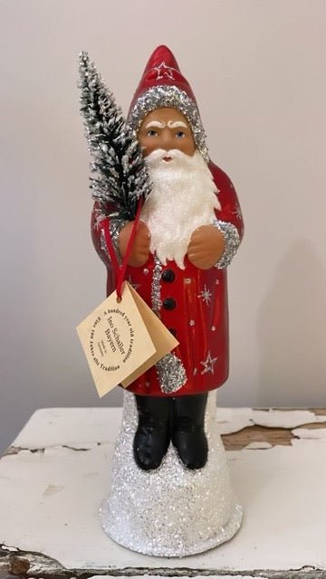 Santa Red Glossy Coat with Silver Beaded Trim and Hand Painted Star Motif | Ino Schaller - Bon Ton goods