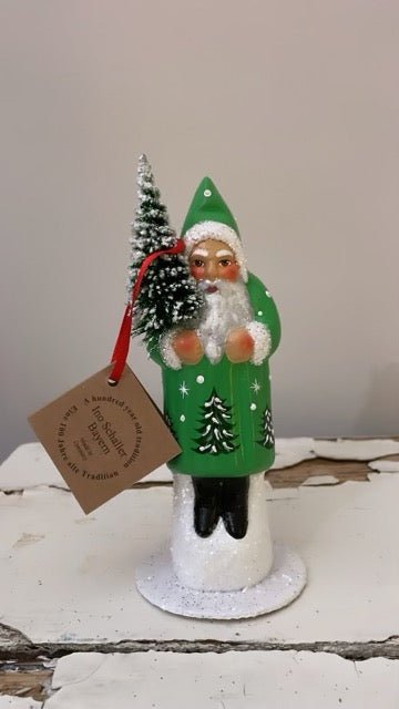 Santa Shiny Green Coat with Hand Painted Tree Motif - Ino Schaller - Bon Ton goods