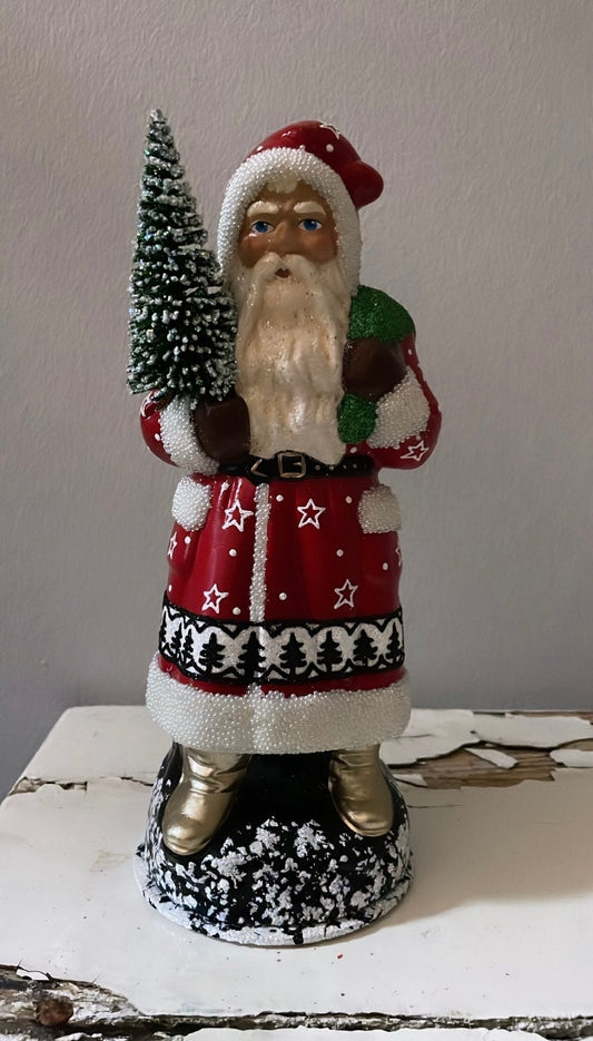 Santa Traditional Red with White Beaded Trim, Green Sack and Hand Painted Coat | Ino Schaller - Bon Ton goods