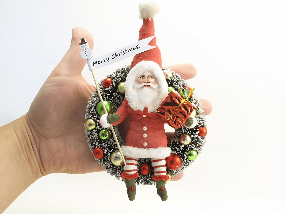 Santa Wreath Ornament | Vintage by Crystal Spun Cotton Ornament - Bon Ton goods