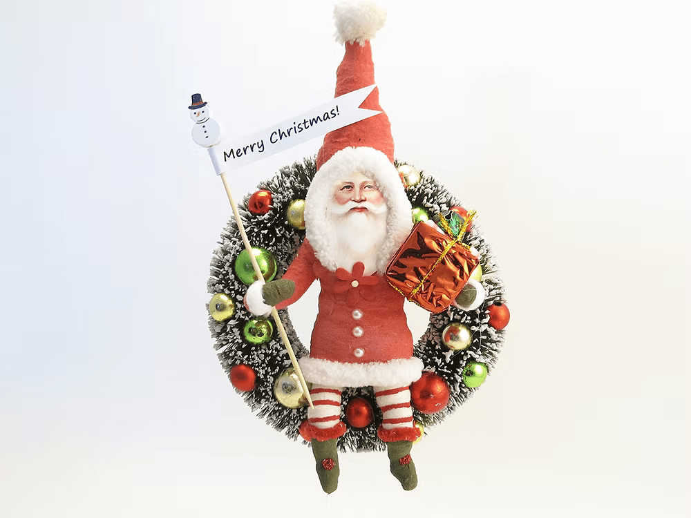 Santa Wreath Ornament | Vintage by Crystal Spun Cotton Ornament - Bon Ton goods