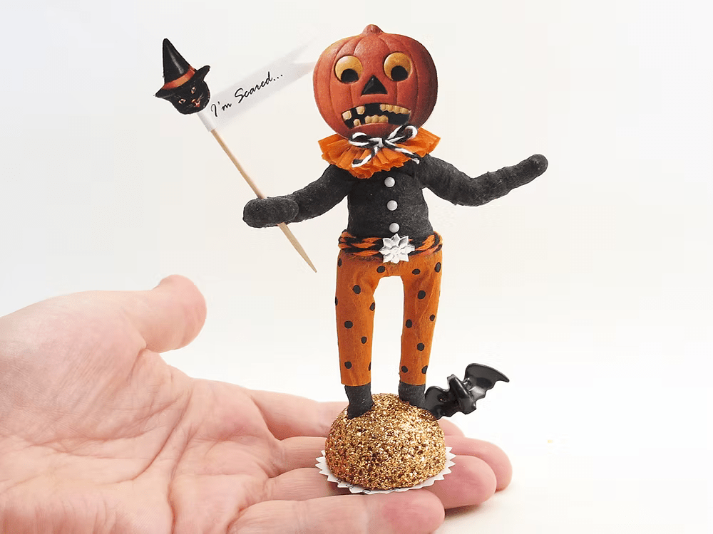 Scared Pumpkin Figure| Vintage by Crystal Spun Cotton Ornament | Vintage by Crystal Spun Cotton Ornament - Bon Ton goods