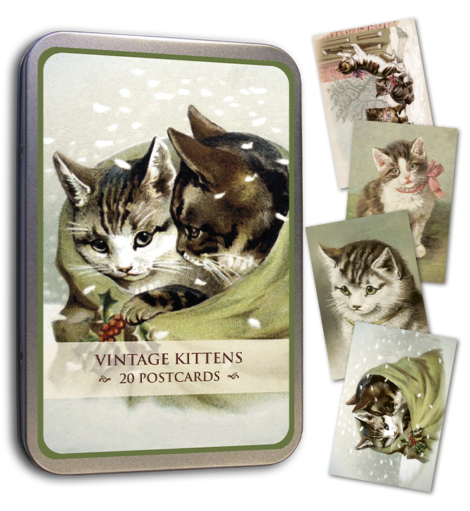 Vintage Kittens tin and illustrated postcards
