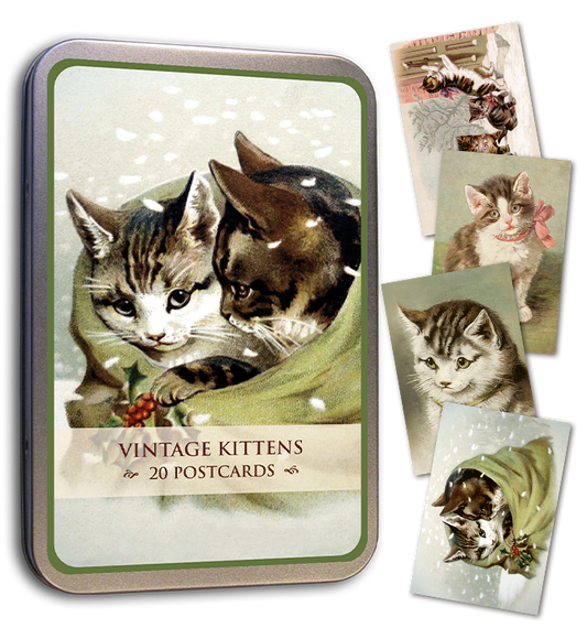 Vintage Kittens tin and illustrated postcards