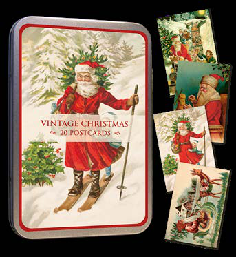 Sköna Ting ST276-7 Vintage Christmas tin of 20 postcards with Santa on skis