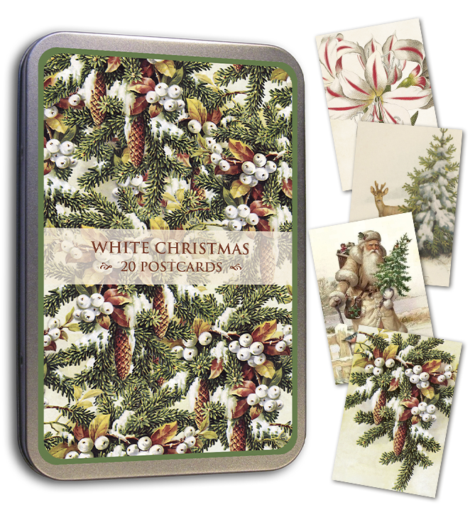 White Christmas tin with vintage greenery and 20 postcards