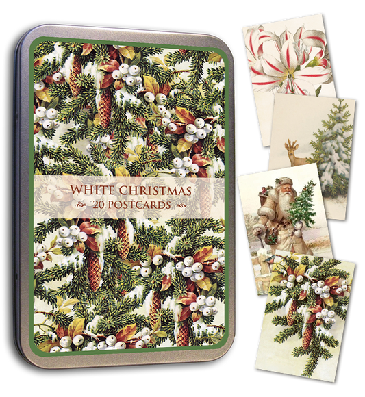 White Christmas tin with vintage greenery and 20 postcards