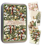 White Christmas tin with vintage greenery and 20 postcards