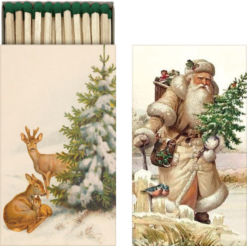 Sköna Ting Christmas matchbox with deer and Santa illustrations