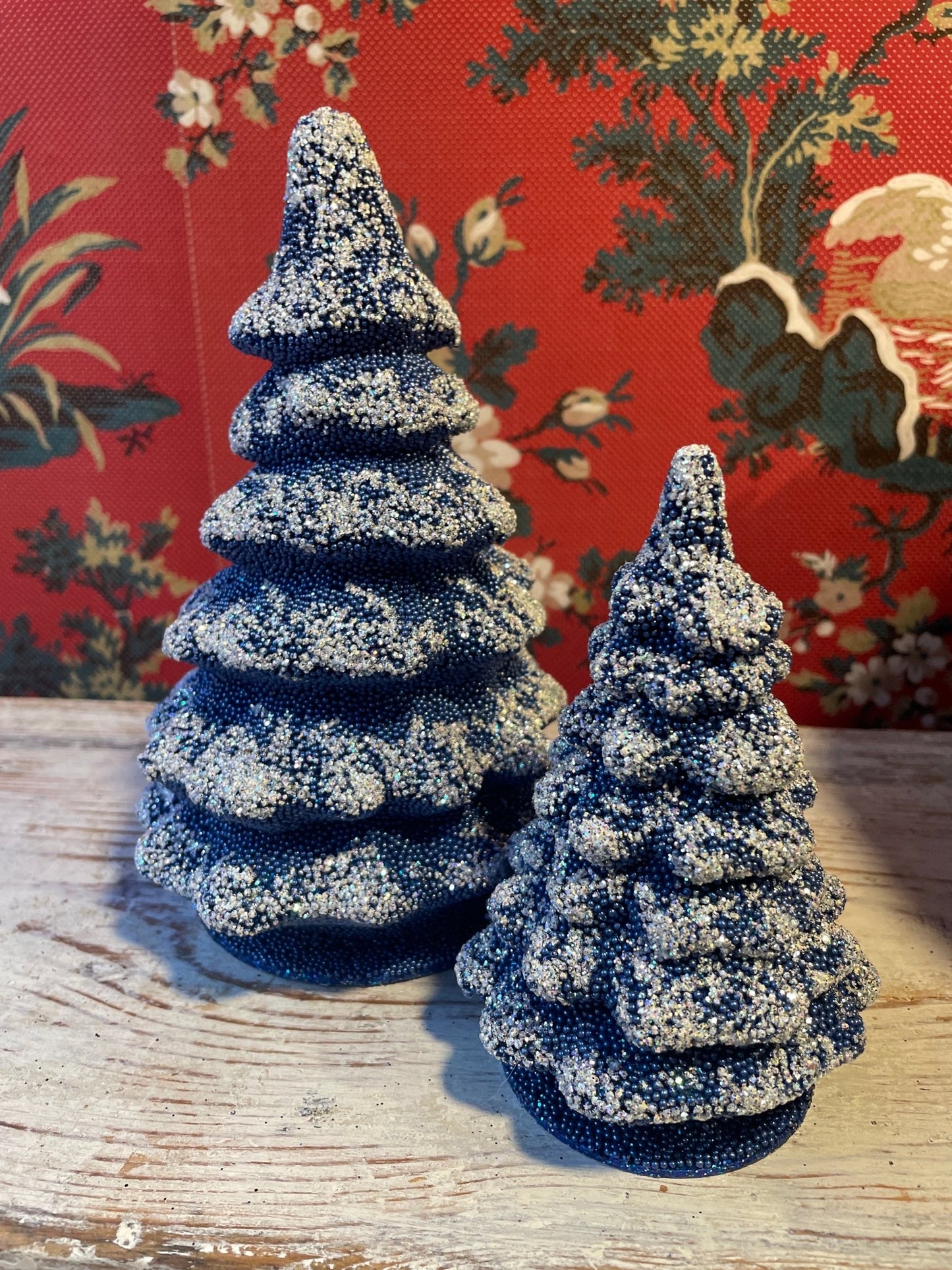 Small Royal Blue With Frost Christmas Tree - Beaded Papier-Mache | Ino Schaller - Bon Ton goods
