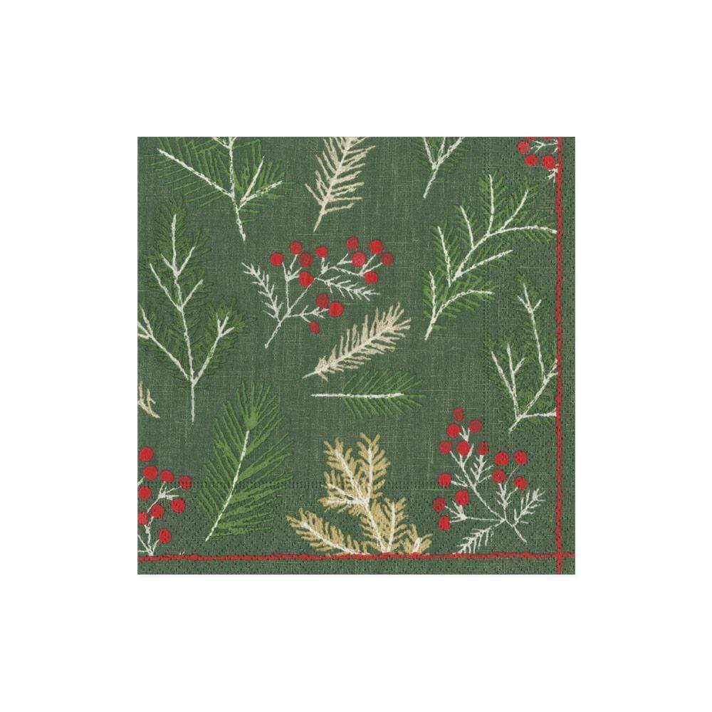 Sprigs and Berries in Evergreen Cocktail Napkins | Caspari - Bon Ton goods