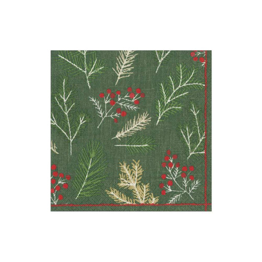 Sprigs and Berries in Evergreen Cocktail Napkins | Caspari - Bon Ton goods