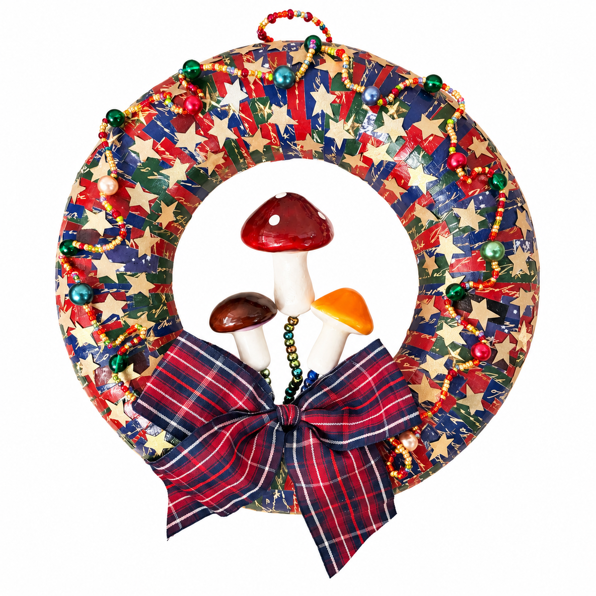 Starlit Mushroom Christmas Wreath by Eclectic Tree with three mushrooms, gold stars and tartan bow