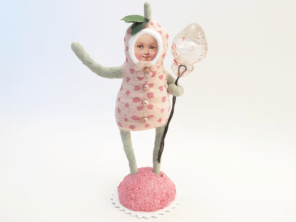 Strawberry Child Figure (Vintage Glass Strawberry) | Vintage by Crystal Spun Cotton Ornament - Bon Ton goods