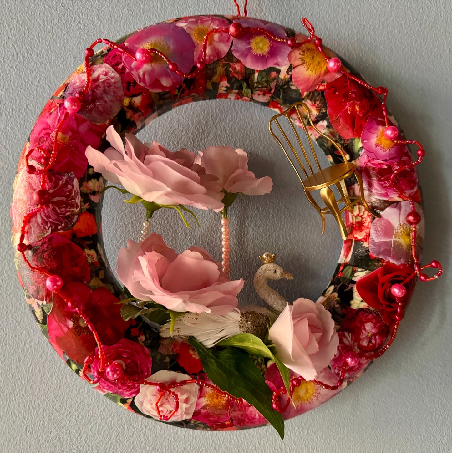Swan in Roses Wreath by Eclectic Tree