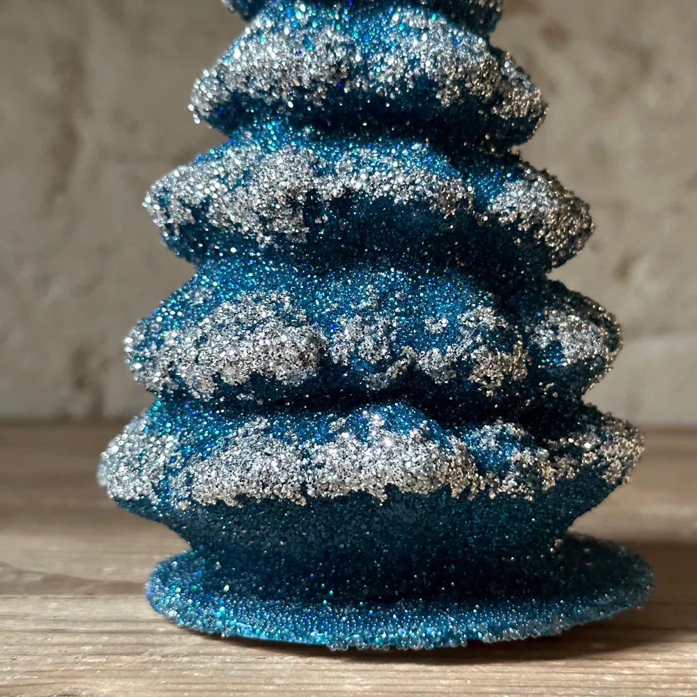 Teal Blue with Frost Christmas Tree - Beaded Papier-Mache - Bon Ton goods